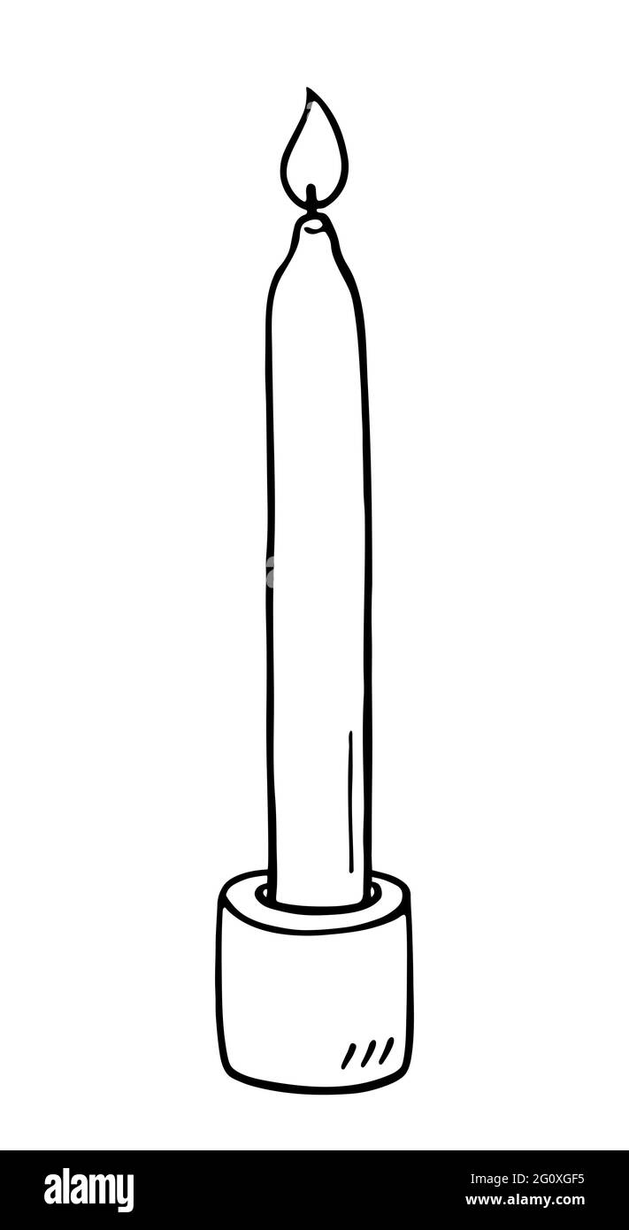 Candela lunga e sottile in un candelabro isolato su sfondo bianco. Illustrazione vettoriale disegnata a mano in stile doodle. Adatto per carte, logo, decorazioni. Illustrazione Vettoriale