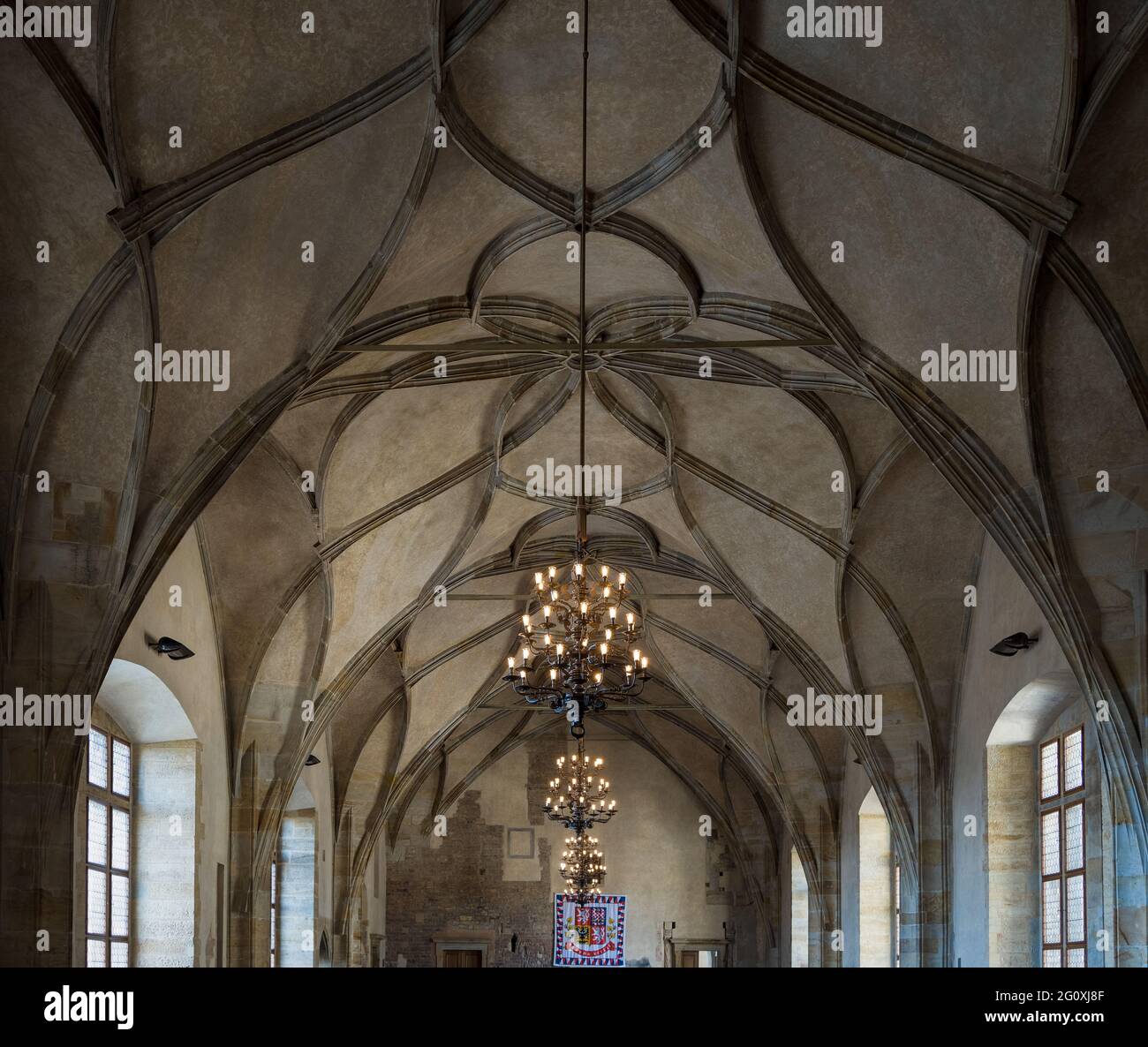 La navata centrale del vecchio Palazzo reale nel complesso del castello di Praga, Boemia, Repubblica Ceca Foto Stock