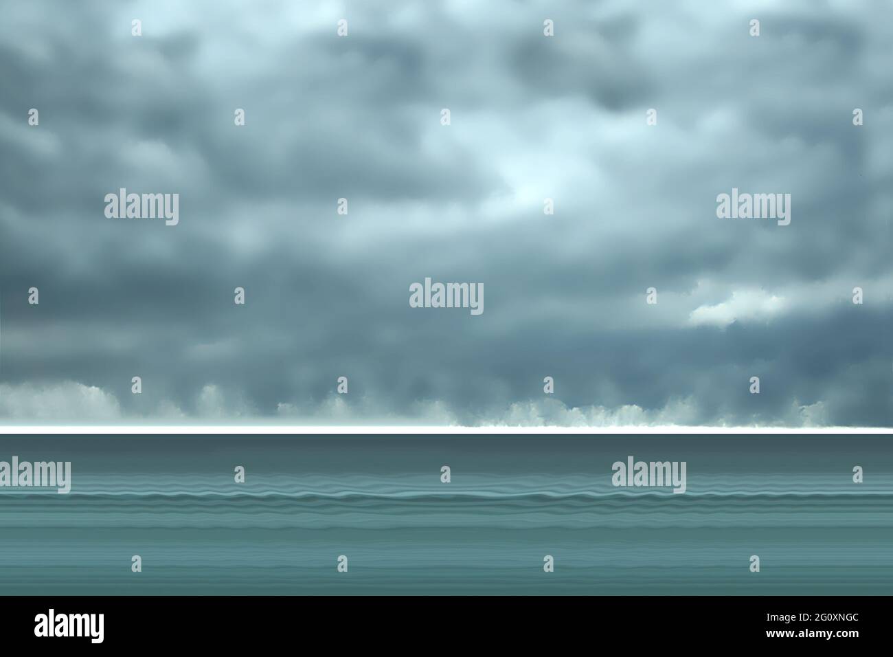 astratto arte oscura che rende stagcape concetto di nuvole di tempesta bagnata sull'oceano aperto con onde di surf Foto Stock