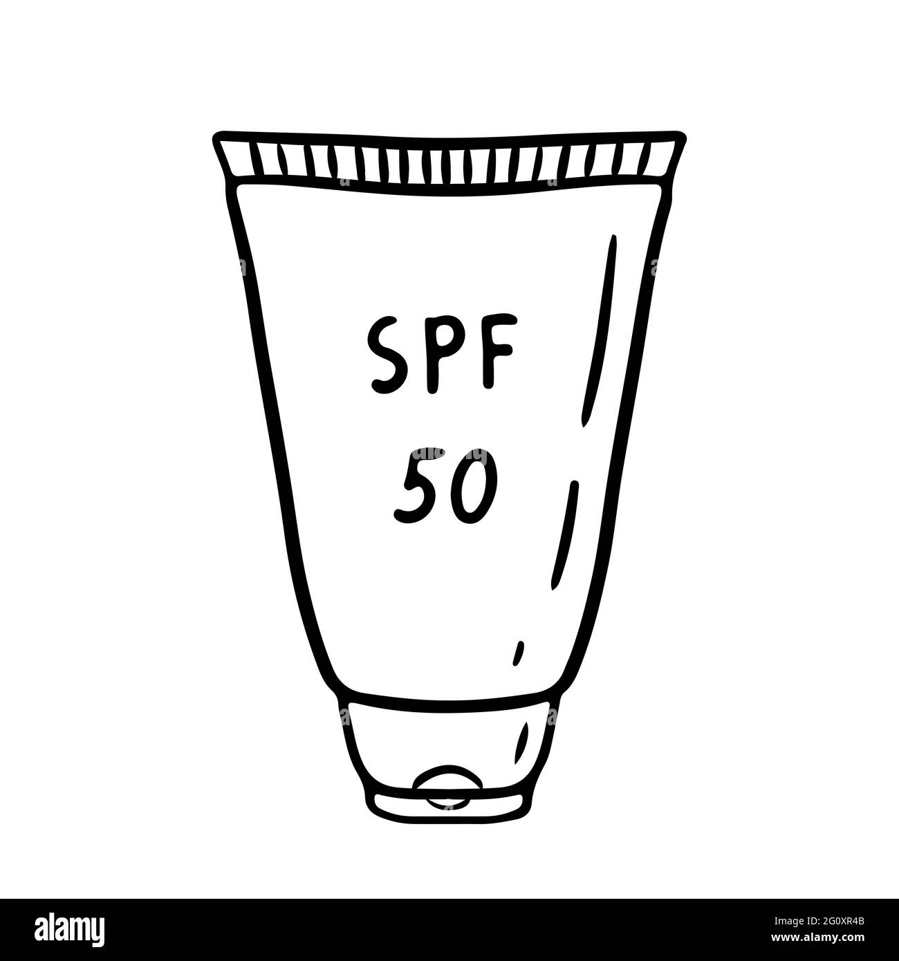 Tubo di protezione solare isolato su sfondo bianco. Lozione 50 SPF per la protezione dalla luce ultravioletta. Illustrazione vettoriale disegnata a mano in stile doodle. Perfetto per il vostro progetto, scheda, decorazioni. Illustrazione Vettoriale