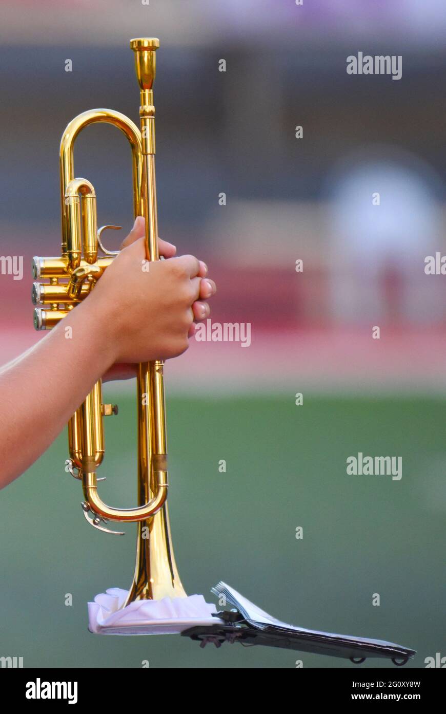 Un musicista di gruppo in marcia tiene la sua tromba prima di prendere il campo. L'immagine presenta uno spazio di copia a destra del soggetto principale. Foto Stock