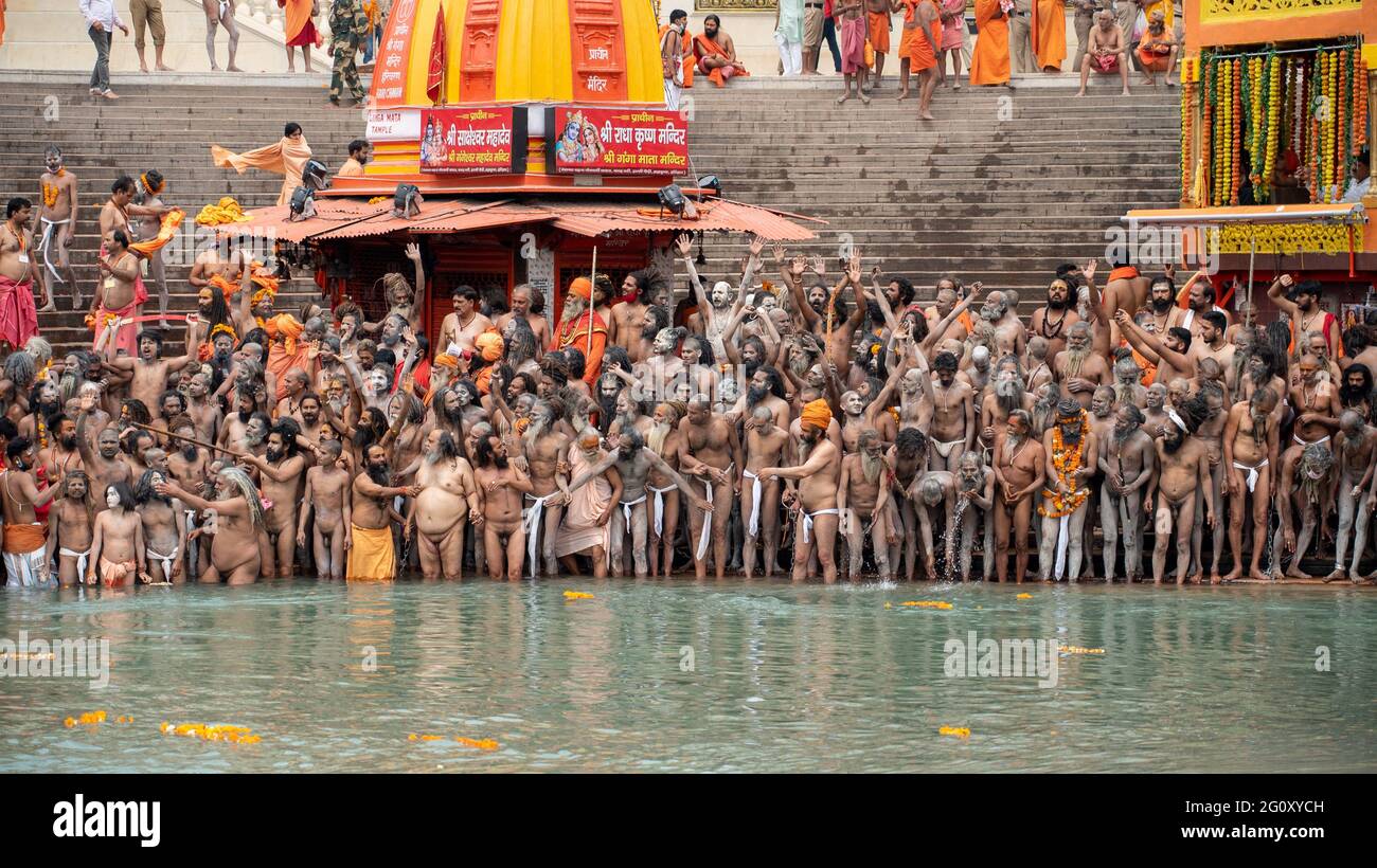 Haridwar, Uttarakhand India 06 aprile 2021. Un tuffo di spiritualità e di fede, Maha Kumbh 2021. Immersione mattutina, i santi indiani battono a Gange del fiume Ganga e adorano il loro Dio. Alta qualità Foto Stock