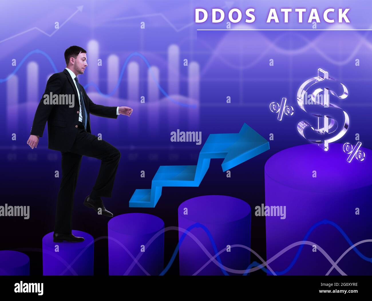 Business, tecnologia, Internet e concetto di rete. Un giovane uomo d'affari pensa ai passi per una crescita di successo: L'attacco DDoS Foto Stock