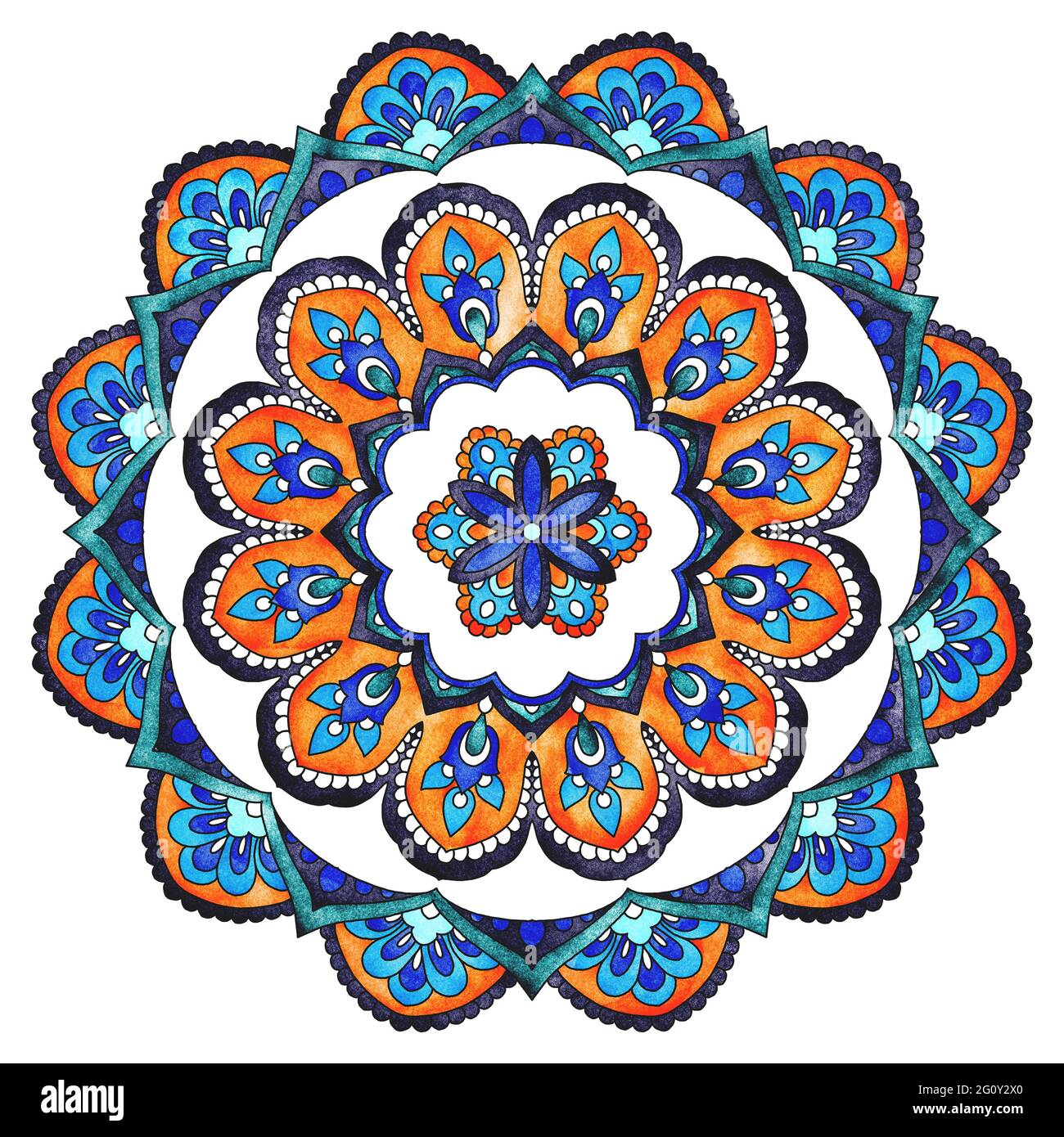 Colorato motivo mandala isolato su sfondo bianco, elemento di design etnico vintage Foto Stock