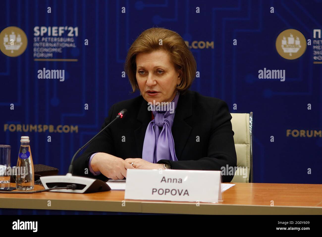 San Pietroburgo, Russia. 03 giugno 2021. Dottore sanitario Capo della Federazione Russa, Capo di Roscobrebnadzor, Dottore sanitario dello Stato Federale della Federazione Russa, Anna Popova visto durante il Forum economico Internazionale di San Pietroburgo. (Foto di Konstantinov/SOPA Image/Sipa USA) Credit: Sipa USA/Alamy Live News Foto Stock