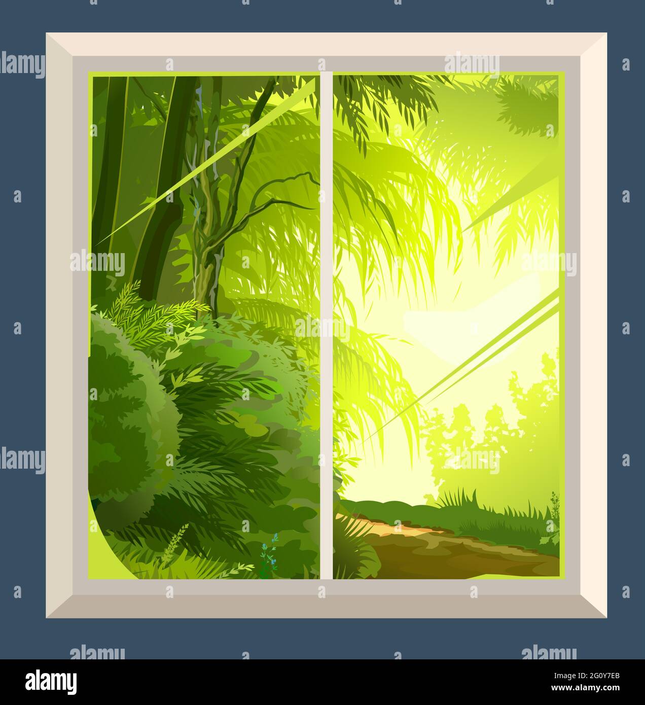 La finestra è normale. Con frammenti della parete. La vista dalla camera ad un giardino verde chiaro o foresta. Stile piatto cartoon. Arte vettoriale Illustrazione Vettoriale