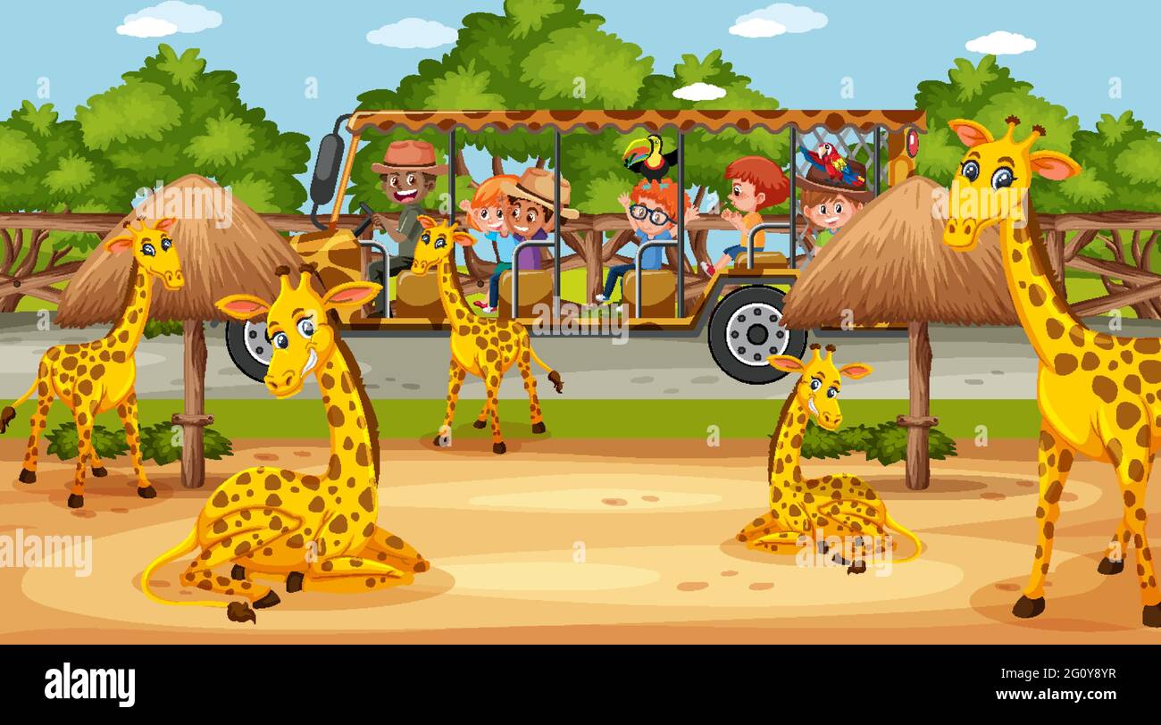 Safari scena con i bambini in auto turistica guardando giraffe illustrazione di gruppo Illustrazione Vettoriale