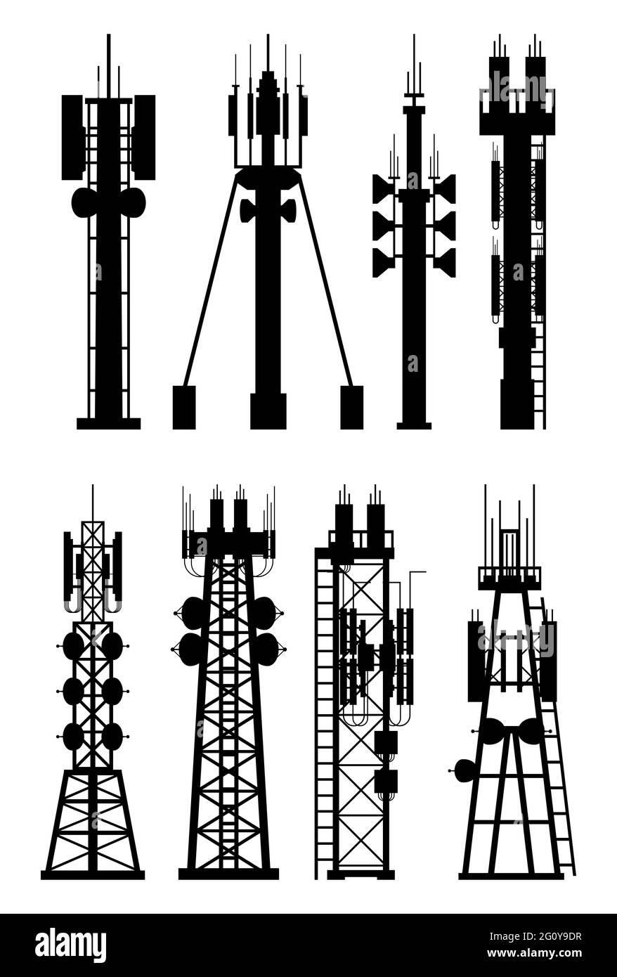 Silhouette dell'antenna della torre cellulare di trasmissione. Illustrazione Vettoriale
