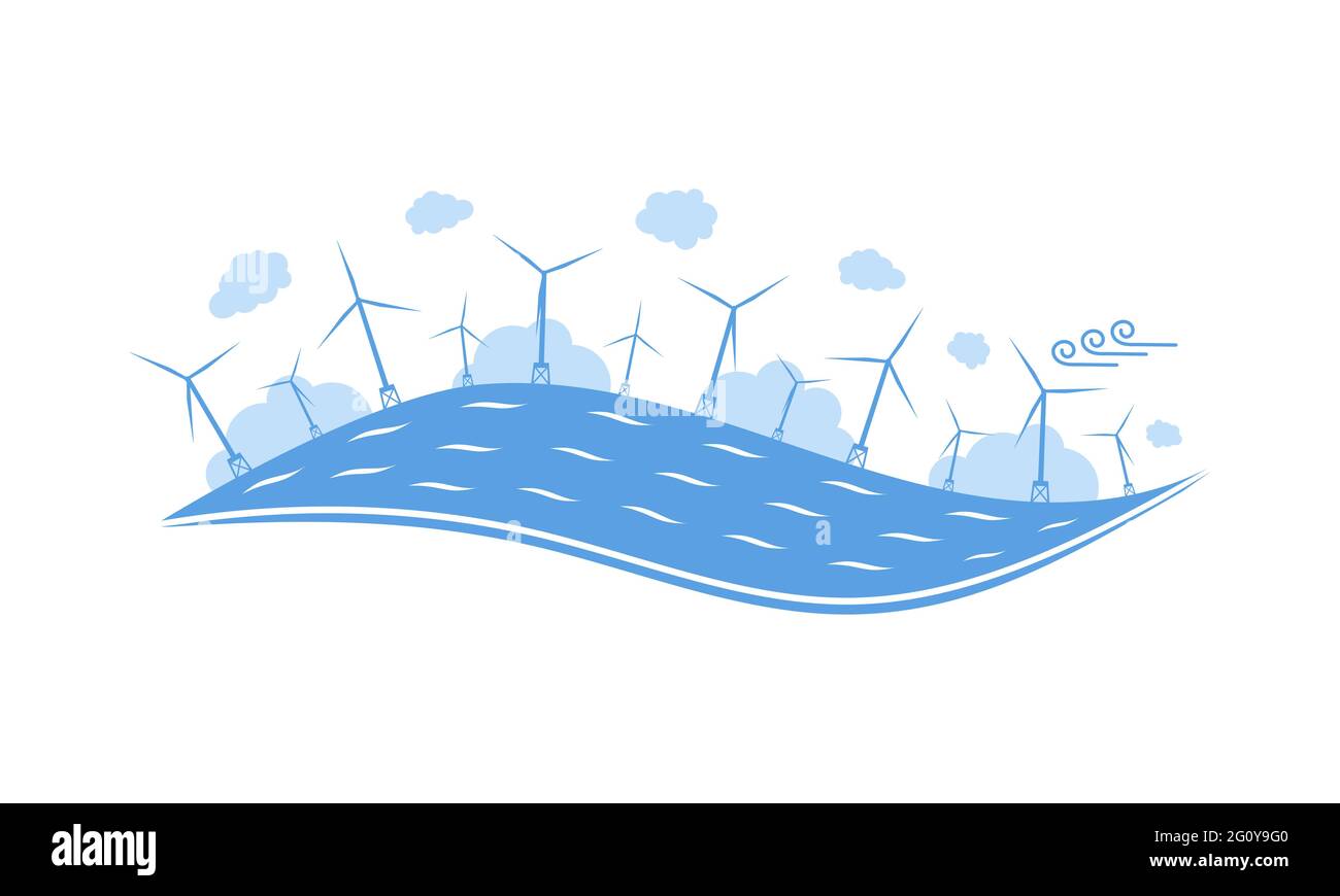 Generatori di vento in mare. Mulini a vento offshore. Illustrazione Vettoriale