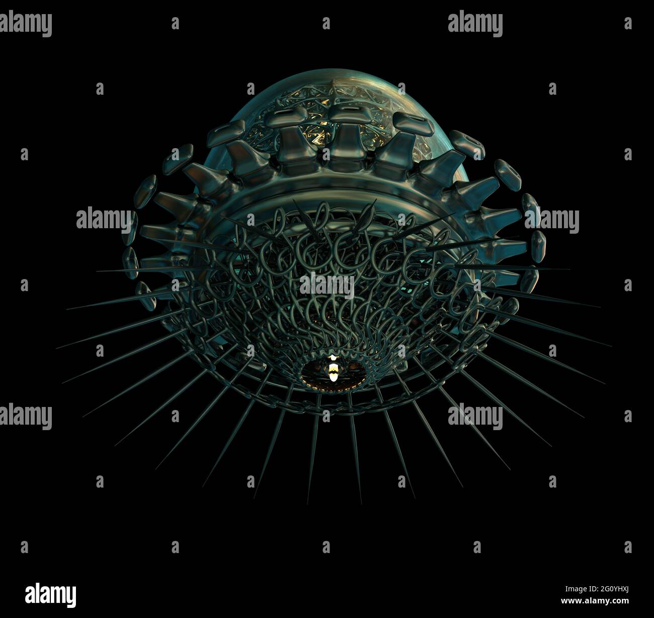 Spaceship futuristico con fascio luminoso all'interno. Tecnologia aliena Foto Stock