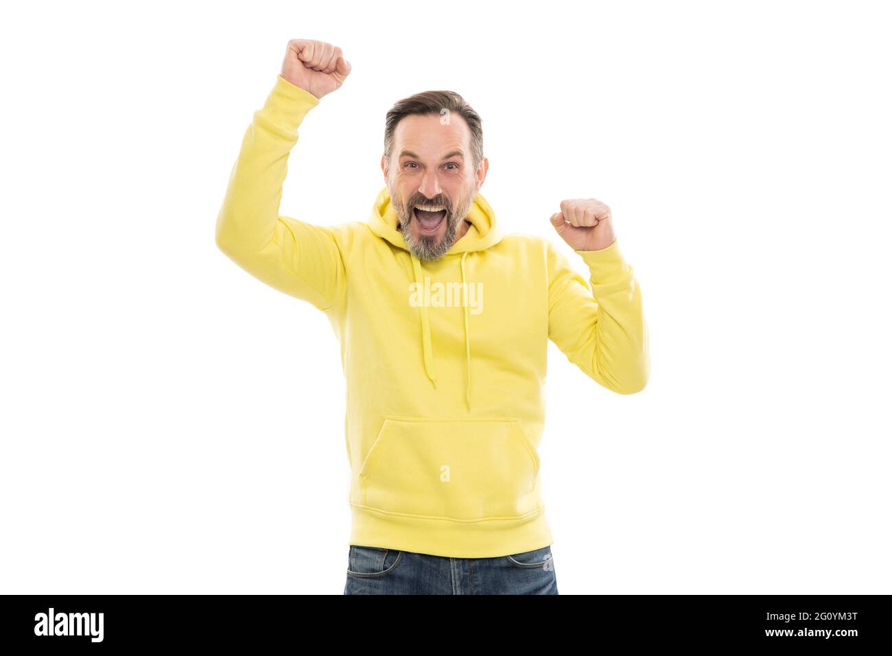 sono così felice. emozioni umane. uomo felice maturo con barba. ragazzo anziano che celebra il successo Foto Stock