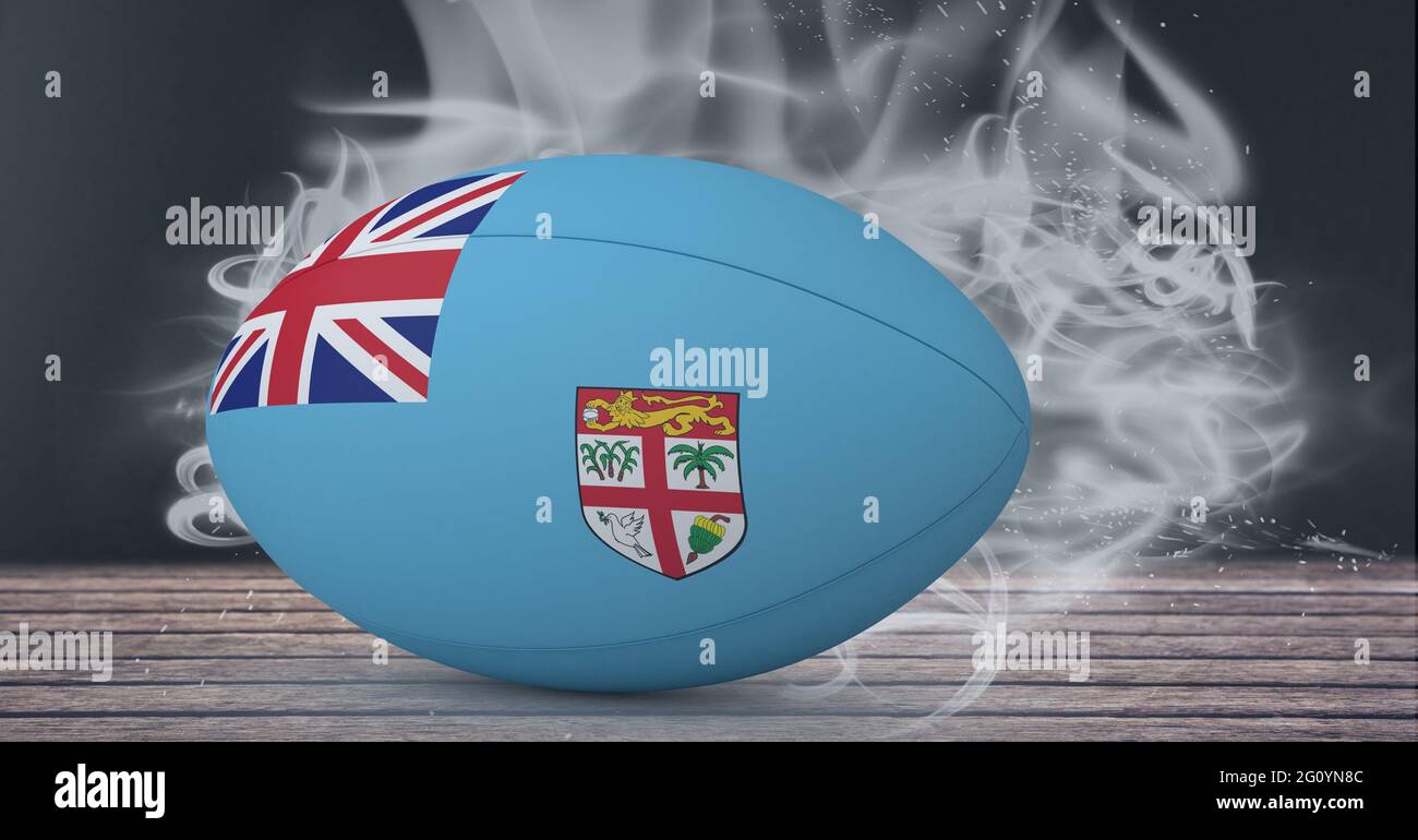 Composizione della palla di rugby della bandiera delle figi su sfondo nero con fumo bianco Foto Stock