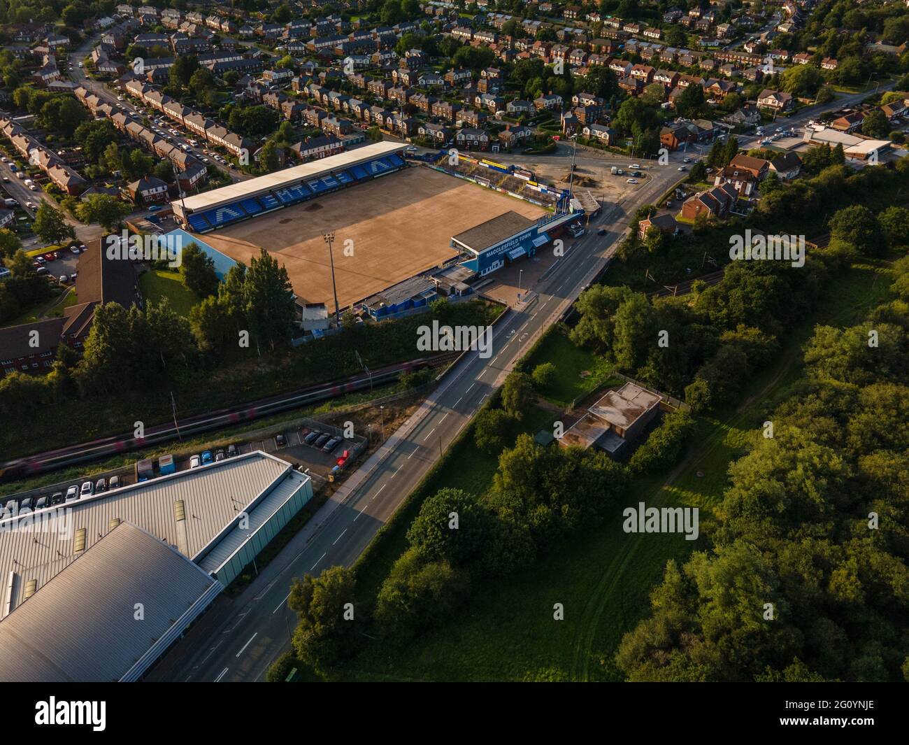 Foto aeree del Macclesfield Town Football Club, MTFC è stato sciolto dopo una sentenza della High Court il 16 settembre 2020 Foto Stock