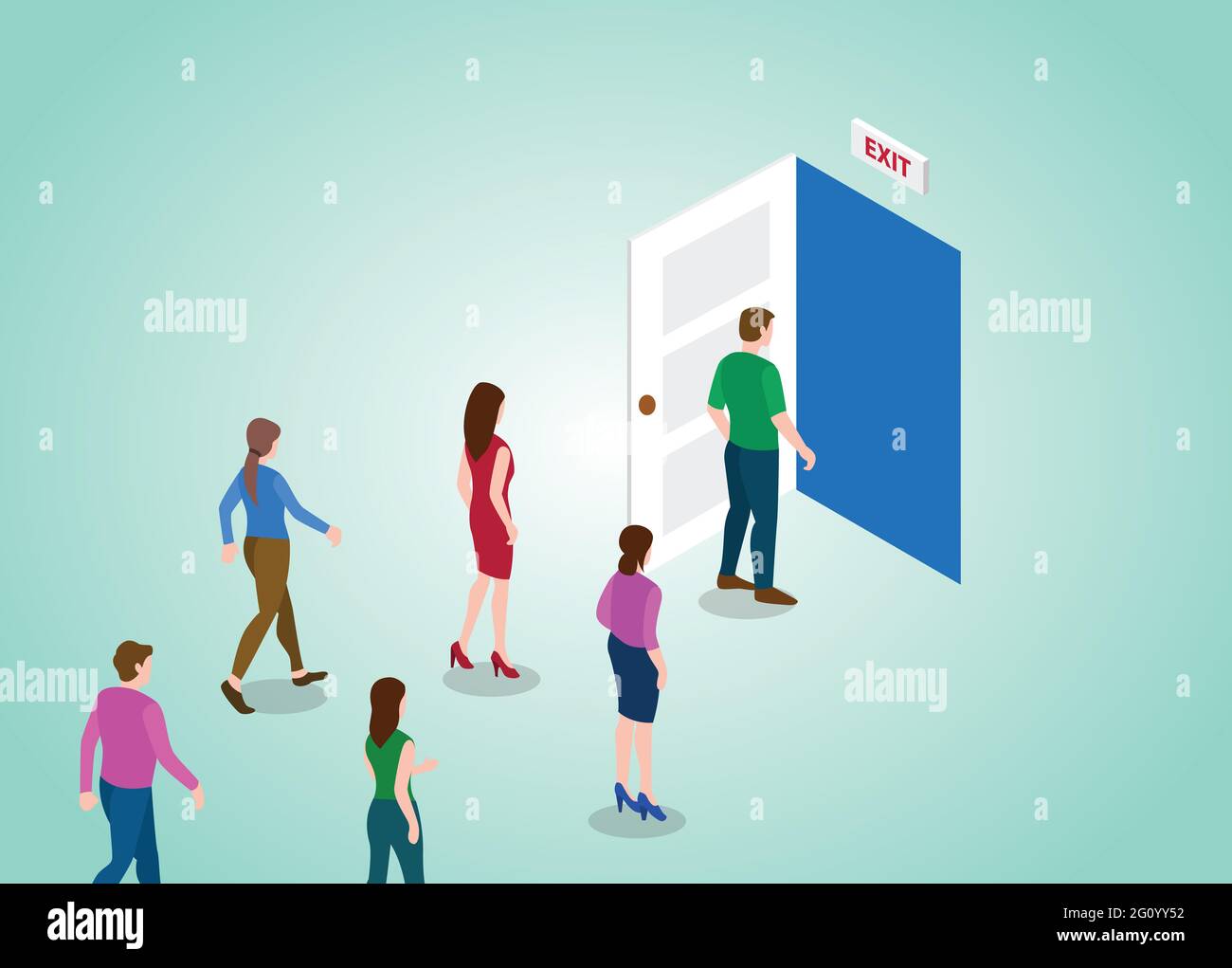 porta di uscita per persone con moderna illustrazione vettoriale piatta di stile isometrico Foto Stock