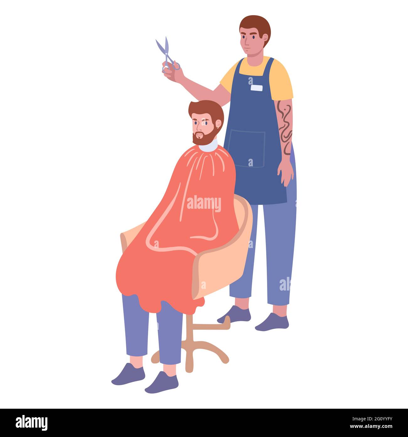 Barbiere uomo al lavoro in sedia. Parrucchiere acconciature giovane ragazzo cliente con barba. Bellezza e cura maschile - vettore isolato Illustrazione Vettoriale
