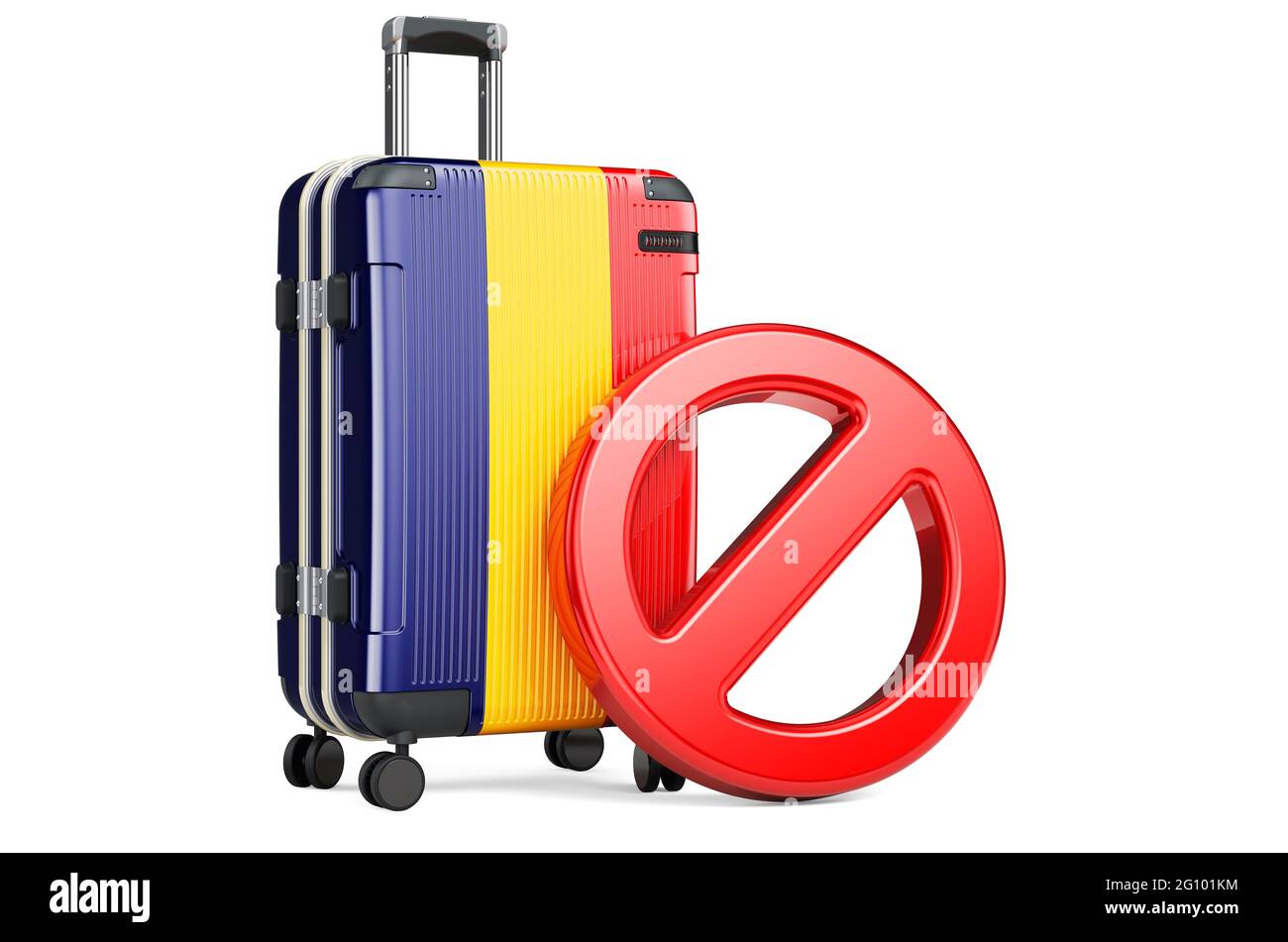 Romania entrata Ban. Valigia con bandiera rumena e cartello di divieto. Rendering 3D isolato su sfondo bianco Foto Stock