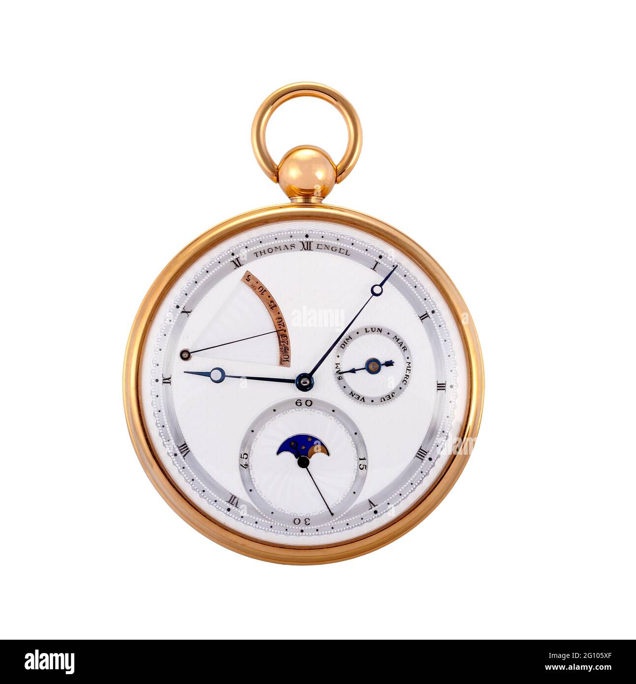 Lussuoso orologio da tasca in oro isolato su sfondo bianco Foto Stock