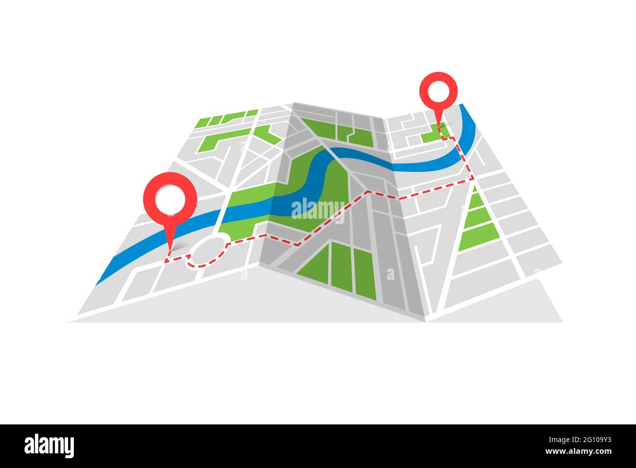 Cartografia stradale della città piano mappa ripiegato con posizione GPS segnaposto e navigazione percorso rosso tra i punti di riferimento. Individuazione del concetto di direzione del percorso Vista in prospettiva immagine eps isometrica Illustrazione Vettoriale