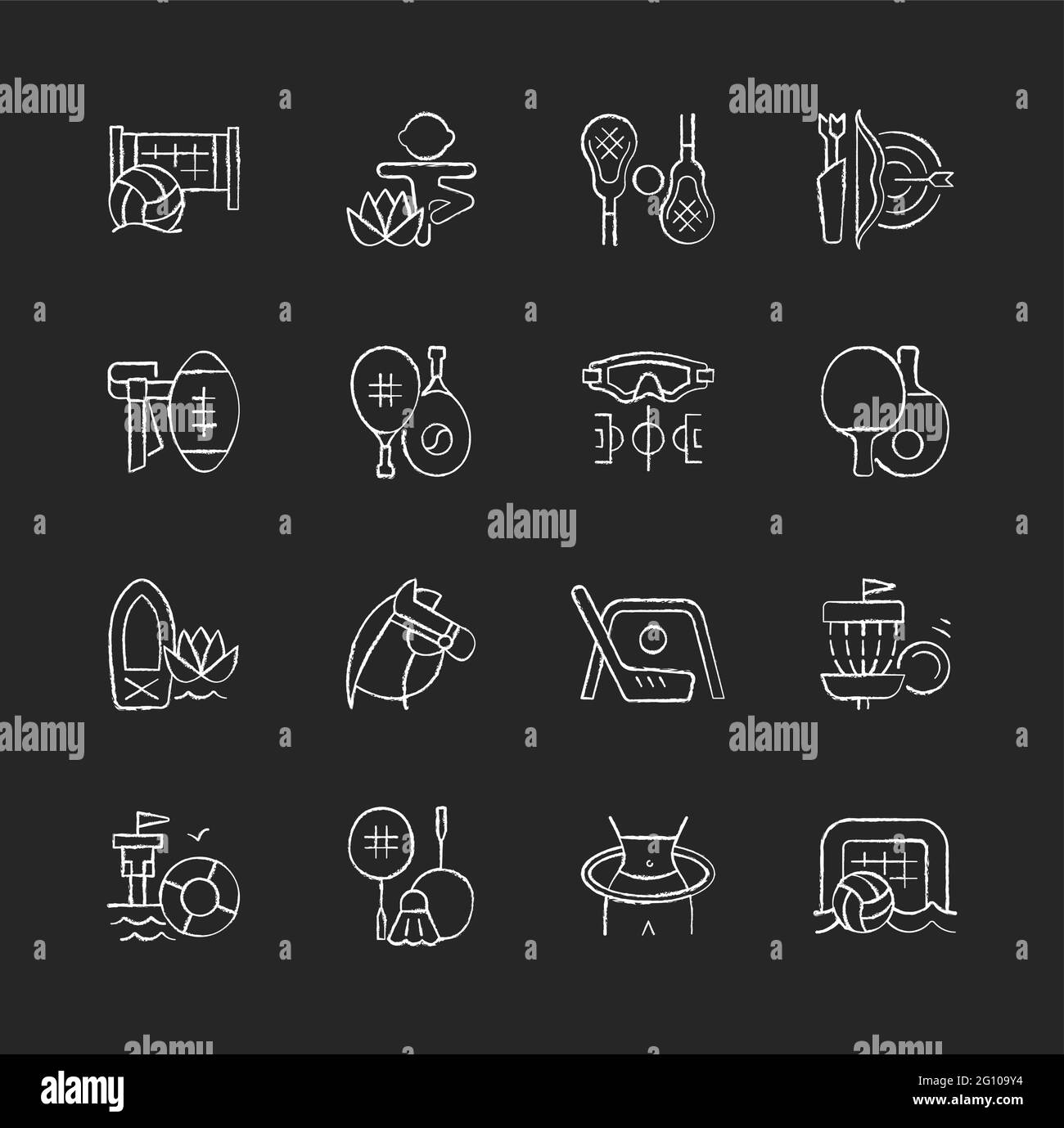 Sport estivi e attività di campeggio gesso icone bianche set su sfondo scuro Illustrazione Vettoriale