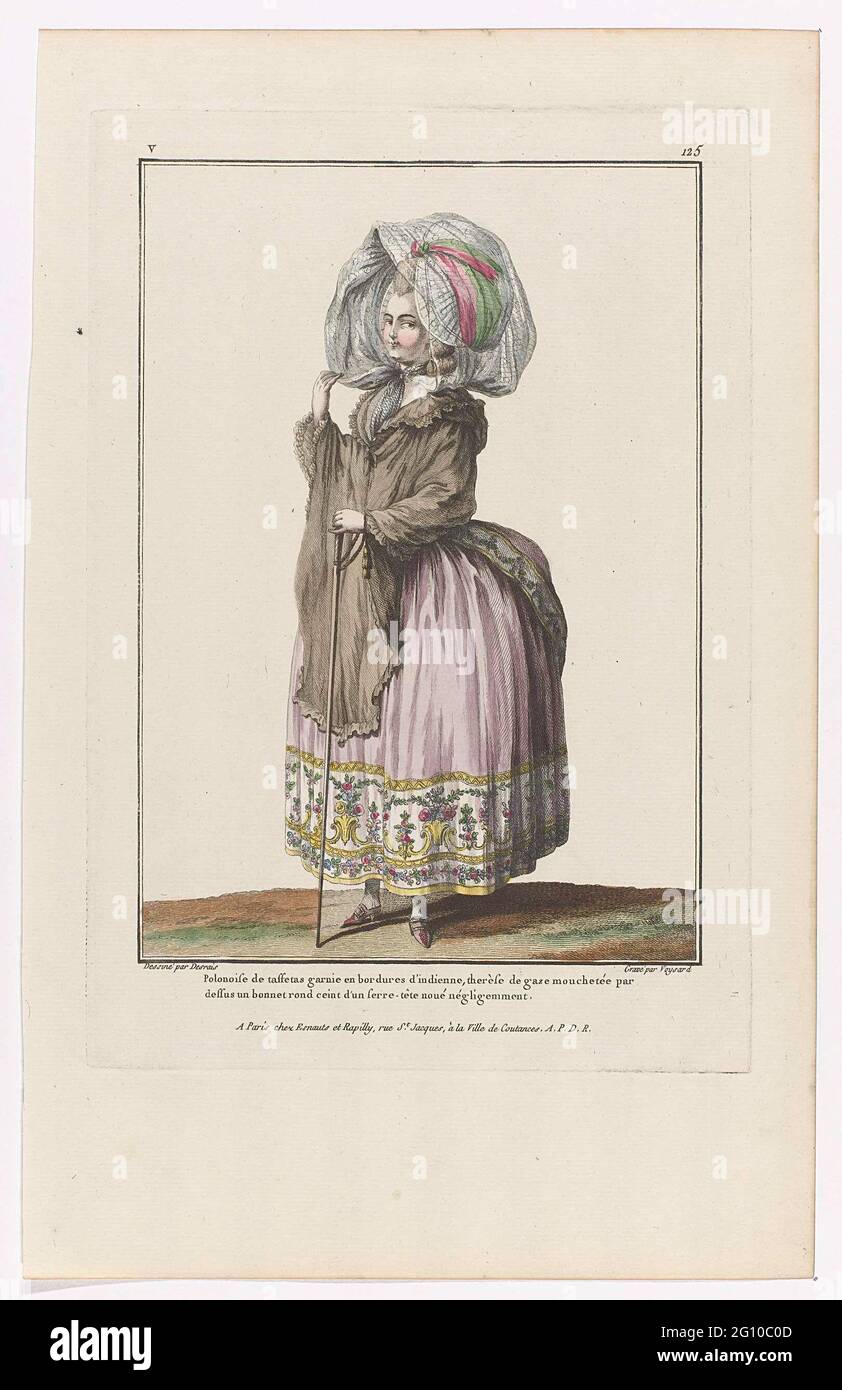 Gallery des Modes et Costumes Français, 1779, v 125: Polonoise le taffetas (...). Donna vestita con un 'abito à la polonaise' dal lato decorato con un bordo di 'subsmitted' (in cotone verniciato o stampato). Una piccola giacca a spalla con cappuccio. Sulla testa un cappello rotondo con nastro, su cui una 'Teresa': Una cappa trasparente in rete gentop, per proteggere la pettinatura. Un bastone sulla sinistra. Scarpe bicolore con tacco e fibbia. Stampa dalla Serie V. 21e Cahier de Costumes Français, 15th Suite d'Habillemens à la Mode e 1779, Gallery des Modes et Costumes Français. Foto Stock