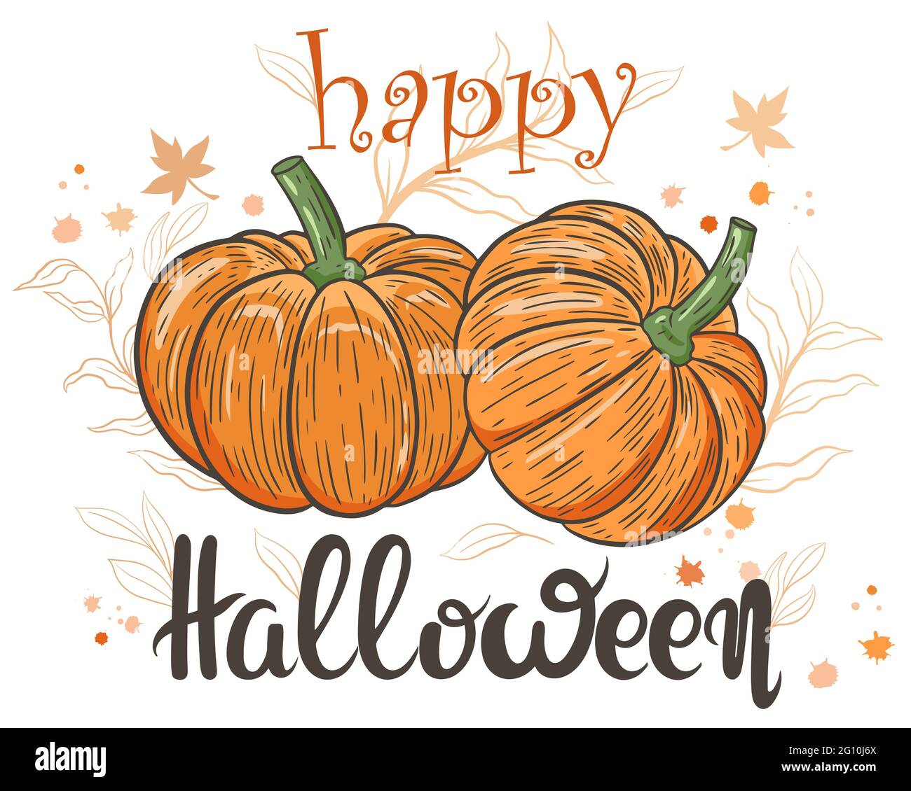 Felice vettore di carta di Halloween. Striscione con zucche, foglie di acero, rami e macchie. Vacanze autunnali tradizionali. Scritta a mano, sfondo autunnale. Illustrazione Vettoriale