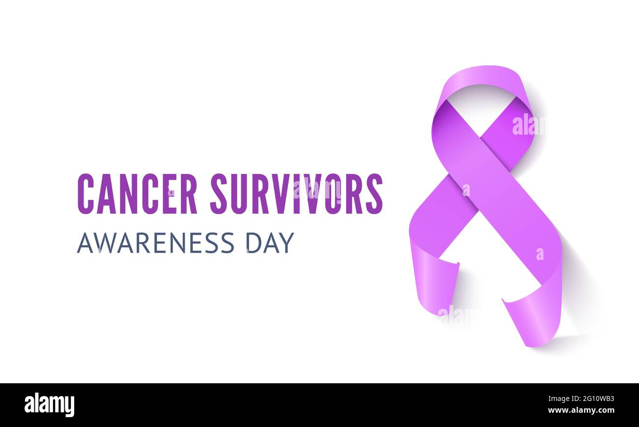 Vettore di banner di concetto giornata mondiale di consapevolezza del cancro. Nastro di lavanda per tutti i tumori simbolo. Illustrazione Vettoriale