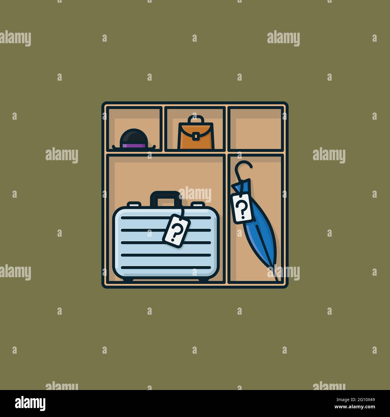 Scaffale con valigia, ombrello, cappello e borsetta illustrazione vettoriale per Lost and Found Day il 10 dicembre Illustrazione Vettoriale