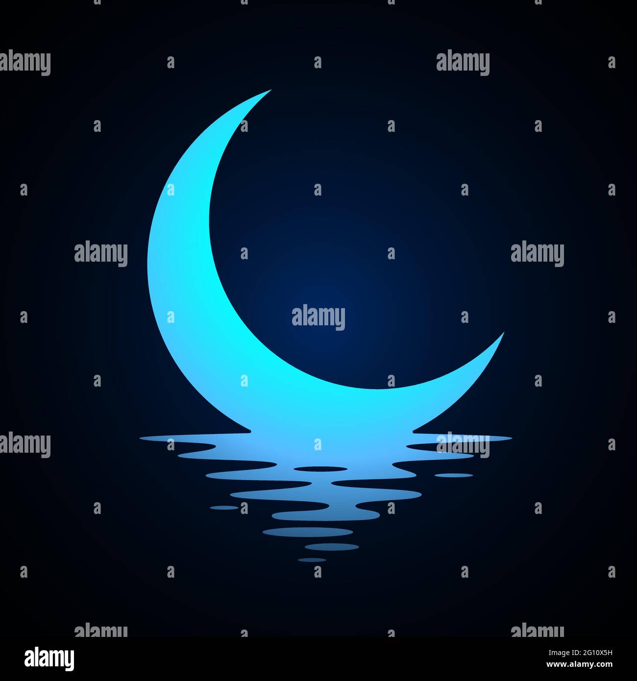 Design con logo Moon. Crescent sopra l'acqua. Mezza luna sul mare. Illustrazione vettoriale. Illustrazione Vettoriale