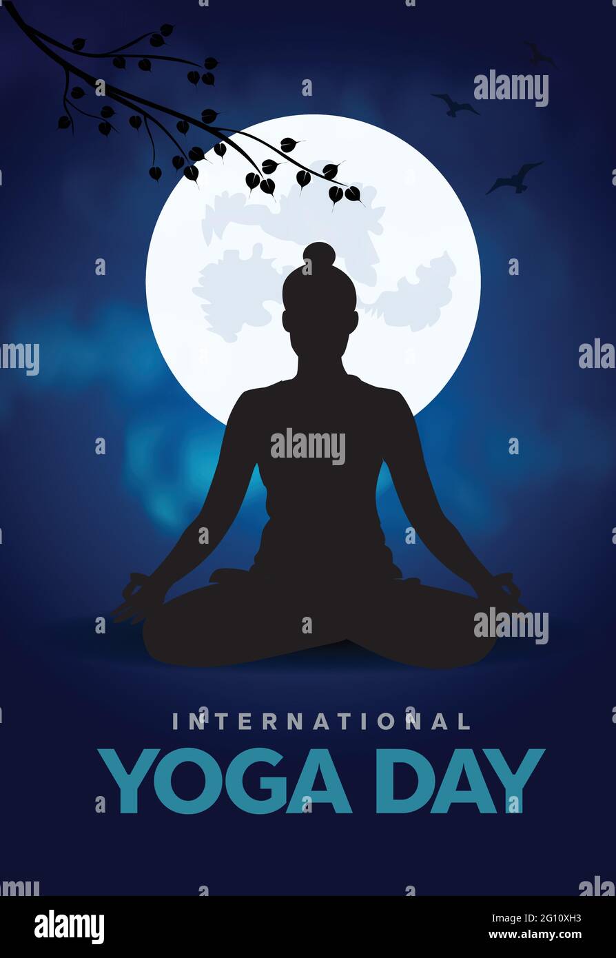 giornata internazionale di yoga. yoga corpo postura. Donna che pratica yoga con sfondo notturno. Disegno di illustrazione vettoriale Illustrazione Vettoriale