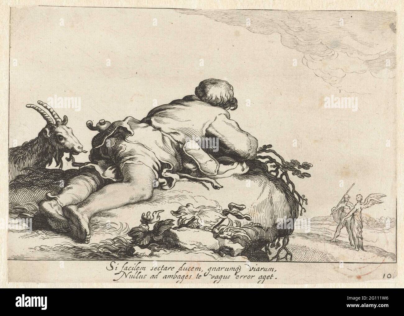 Stendendo la brughiera di capra e un angelo sulla guardia; scene pastorali; OTIA DELETED. Un uomo sta guardando un angelo sullo sfondo. Con didascalia in latino a due zampe. Foto Stock