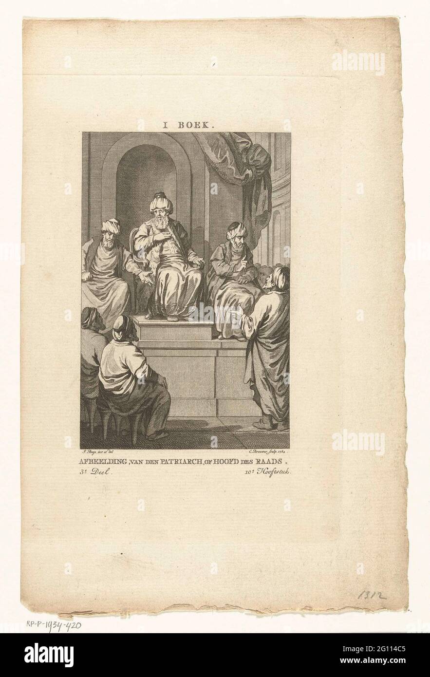 Un patriarca ebreo siede su un trono e parla al suo popolo; immagine, dal patriarca, o capo del concilio. Foto Stock