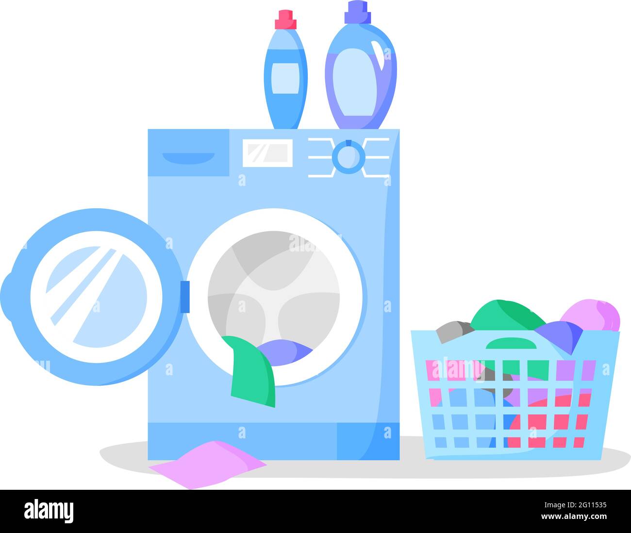 Lavatrice aperta e cesto di biancheria con vestiti, bottiglie con detersivi liquidi, illustrazione vettoriale piatta. Illustrazione Vettoriale