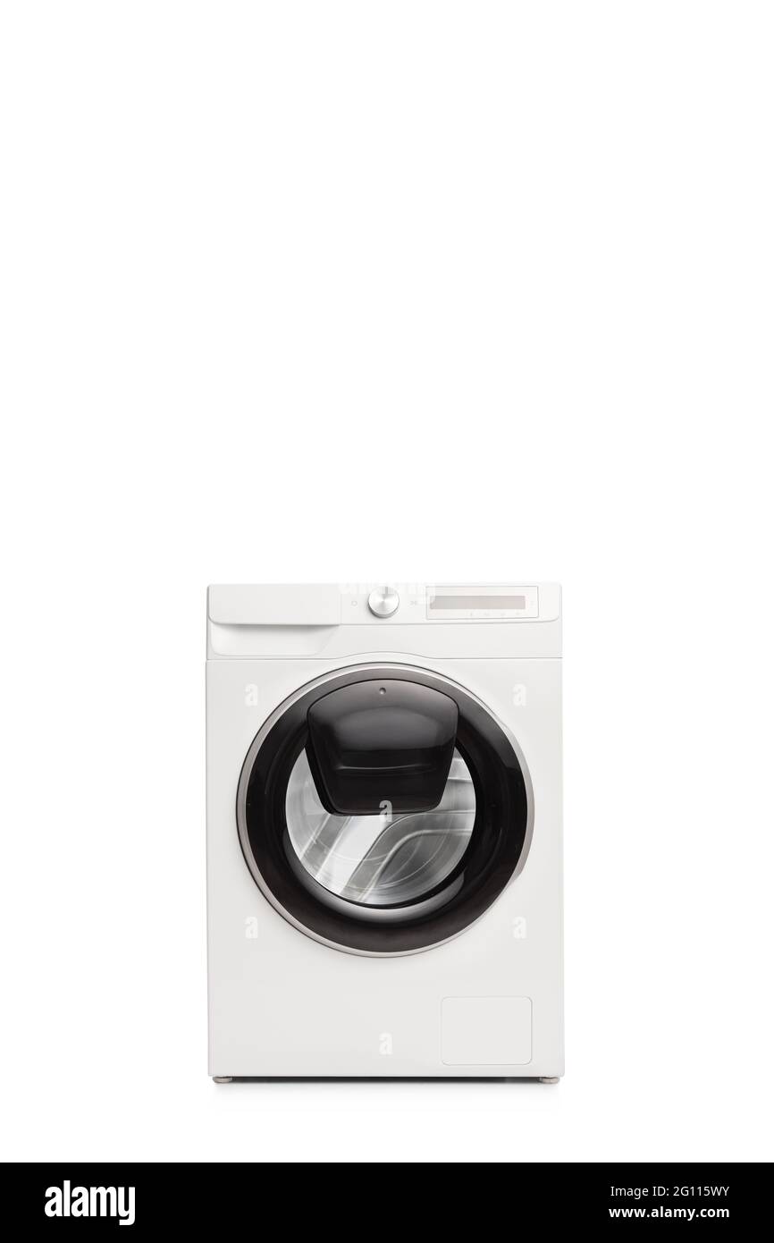 Studio di una nuova lavatrice con tecnologia add-wash isolata su sfondo bianco Foto Stock