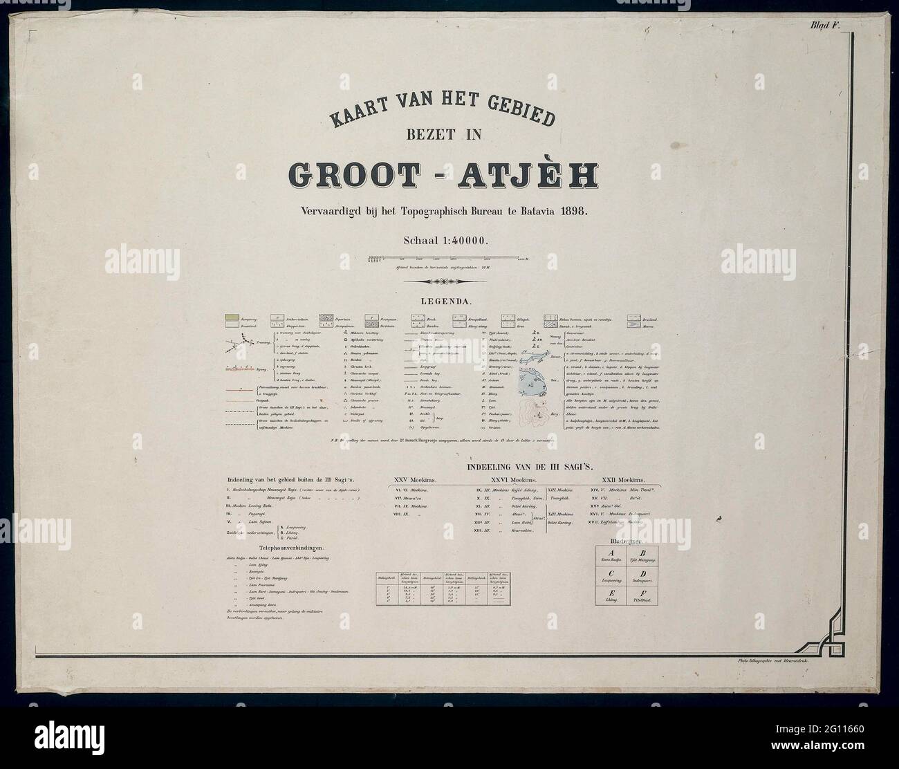 Mappa della zona occupata a Groot-Atyèh. Mappa di Groot-Aceh, scala 1: 40,000, sei fogli, foglio 1 con legenda e segnalibro, e 5 fogli di schede. Foglia A: Passaggio Suratte. Foglia B: In gran parte bianca. Foglia C: In gran parte bianca, l'Oceano Indiano e la Baia di Ritieng. Foglia D: Sconosciuta. Foglia e: In gran parte bianca, ha lasciato l'oceano indiano. Data; titolo: 1898. Foto Stock