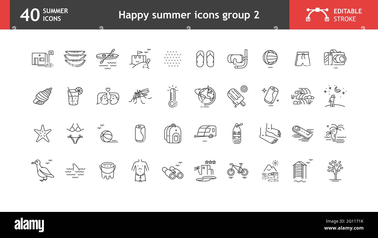 Divertenti icone estive, come kayak, zanzara, isola paradisiaca, amanti, Infradito, termometro, ecc. raccolta di 40 icone stilizzate con tratto modificabile. Illustrazione Vettoriale