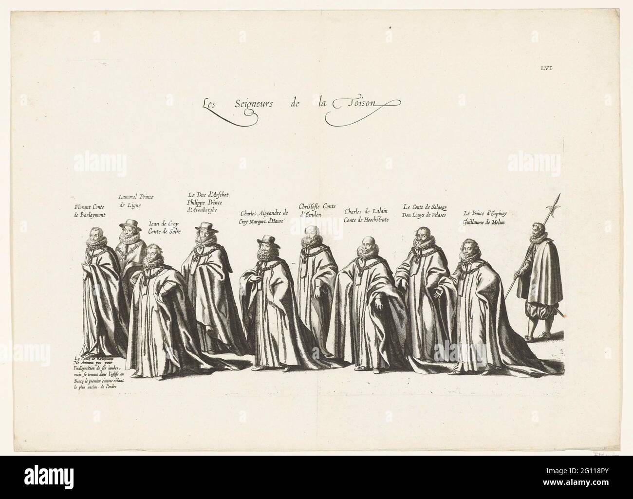 Processione funebre di Aartshertog Albrecht (Plaat LVI), 1622; Les Seigneurs de la Toison; Funerale di Aartshertog Albrecht, 1622; Poppa funebris Optimi Potentissimiq. Principis Alberti PII. Partecipanti alla processione funeraria, i cavalieri del vello d'oro. Targa LVI nella serie dei funerali di Aartshertog Albrecht d'Austria a Bruxelles il 12 marzo 1622. Foto Stock