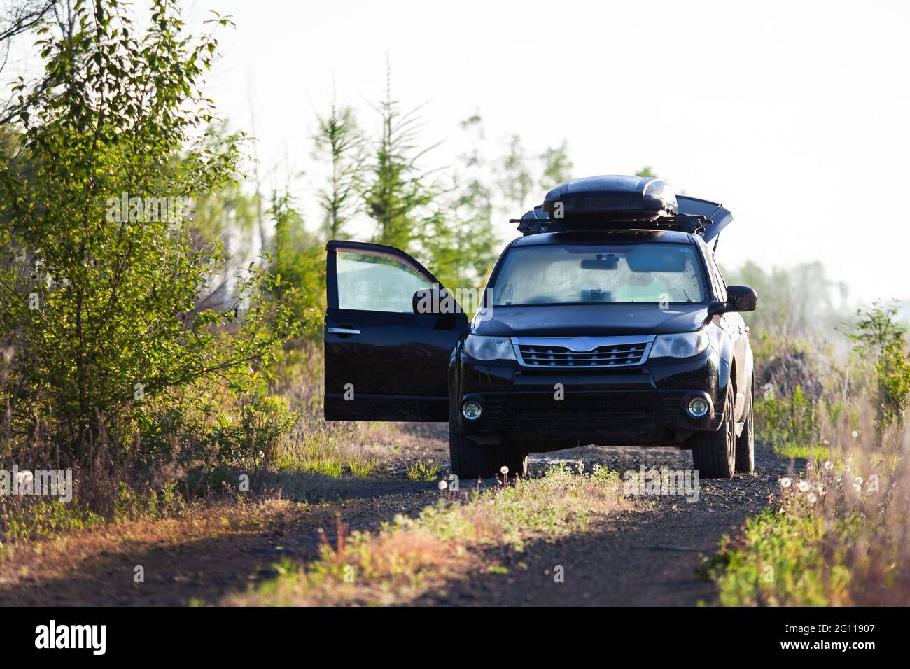 Subaru Forester con box tetto su strada sterrata nella foresta Foto Stock