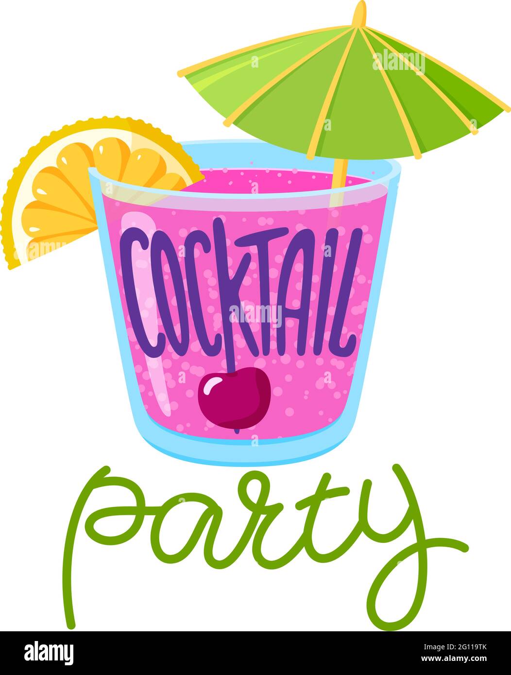 Scritta per cocktail party, bevanda mista in vetro vecchio stile con limone, ciliegia e ombrello, promozione estiva Illustrazione Vettoriale