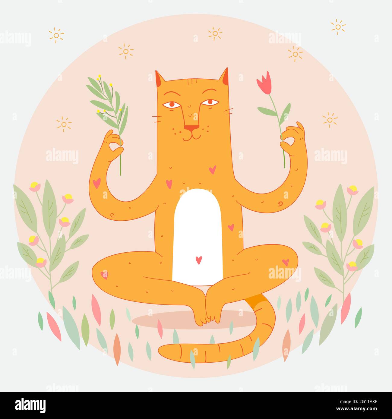 Rilassato gatto in armonia seduta in yoga lotus posizione e meditare. Gatto in equilibrio zen con i fiori. Carattere cartoon vettoriale. Autocontrollo. Cat ha r Illustrazione Vettoriale