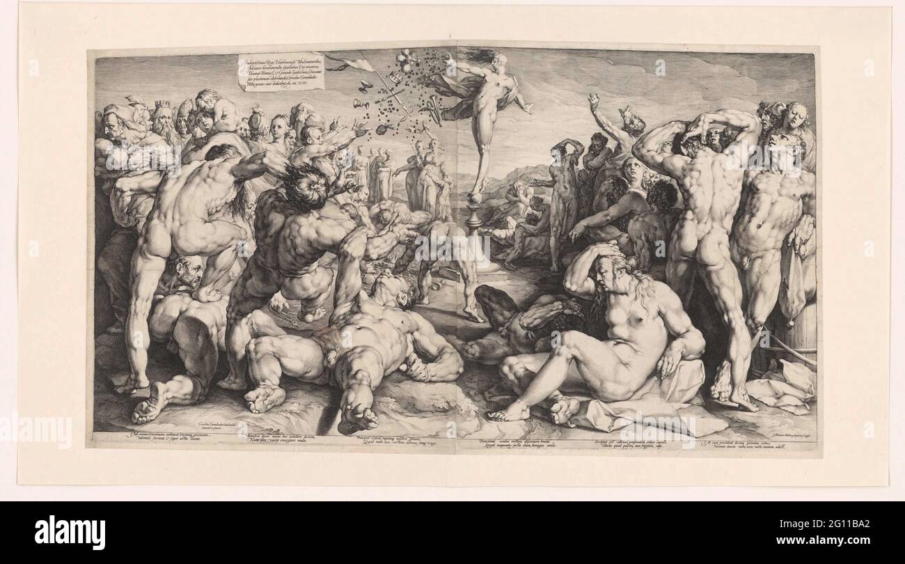 Fortune che divide i suoi regali. Il destino, la dea della fortuna, si librano sopra la scena, distribuendo ricchezze – o trattenendole – per ragioni non del tutto chiare. Alcune persone ottengono così tanto, altre niente. Poche persone riescono a lottare in avanti e a afferrare le monete in caduta, tirando altri fuori strada. Ma se siete in piedi nel posto sbagliato, realmente non avete probabilità. Foto Stock