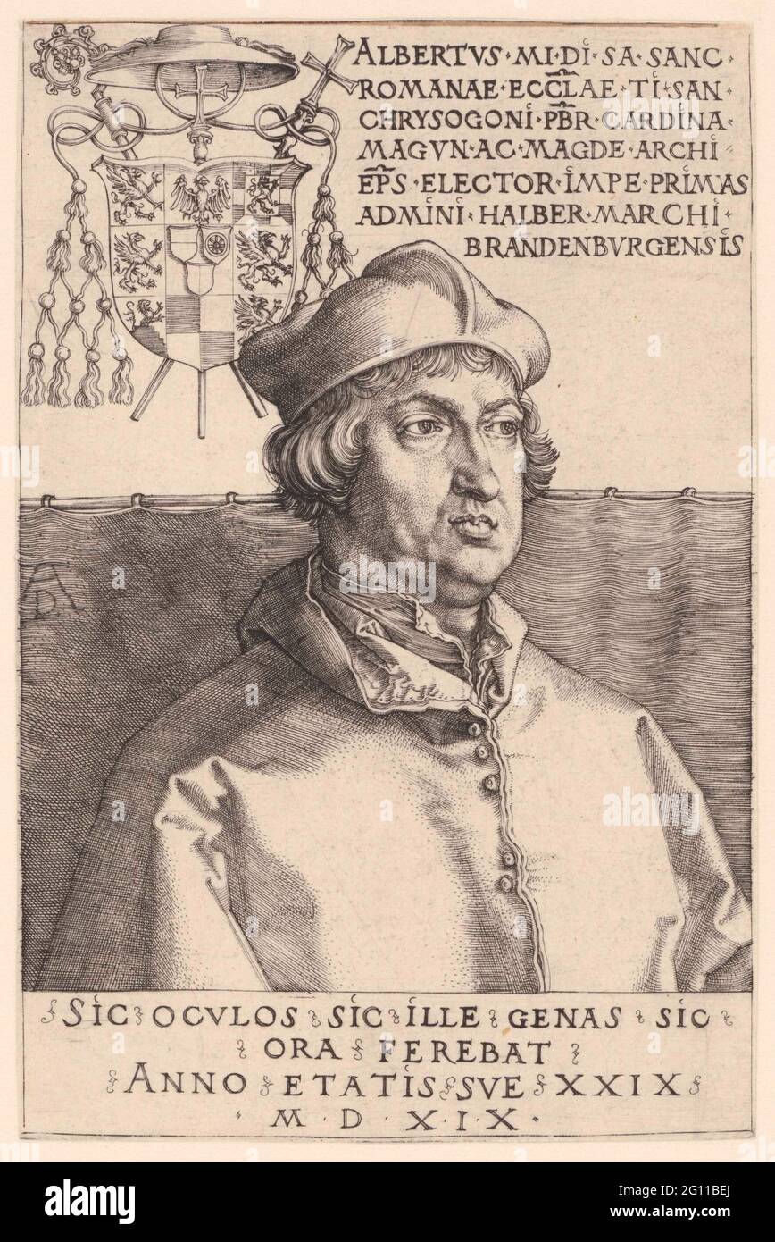 Ritratto del cardinale Albert van Brandenburg all'età di 29 anni; il piccolo cardinale. Ritratto di metà dal cardinale Alberto (Albrecht) dal Brandeburgo, a destra, per una tenda o un panno su una fila. In alto a sinistra del suo stemma, in alto a destra dei suoi nomi e titoli in latino. In margine alla fine di una didascalia, indicazione dell'età del ritratto (29) e data in latino. Foto Stock