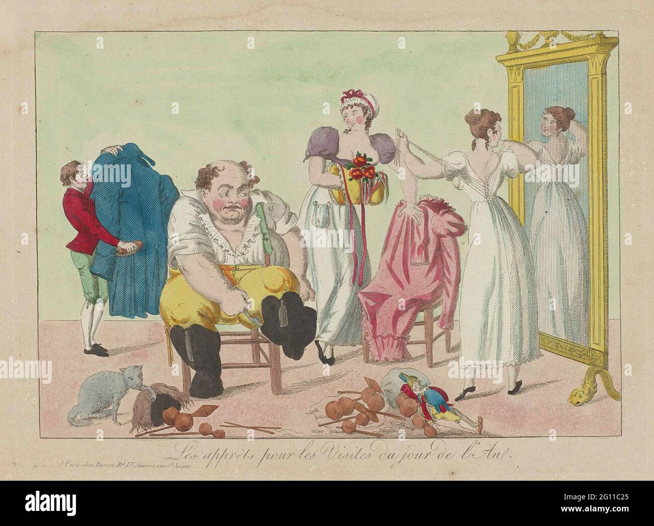 Les Apprêts pour Les Visites du Jour de l'an. In una partenza con un grande specchio a destra, vestite una donna e un uomo per fare visite il giorno di Capodanno. L'uomo grasso è seduto su una sedia e attrae i suoi stivali. Dietro di lui c'è un impiegato che sposta la sua giacca blu. Il gatto gioca con la sua parrucca, che si trova sul pavimento. Per lo specchio, una giovane donna è chiusa il suo vestito inferiore. Il suo Jap rosa pende sulla sedia. Una seconda donna ha una manica in mano. Ci sono una bambola harlequin e diversi giocattoli a terra (?) Foto Stock