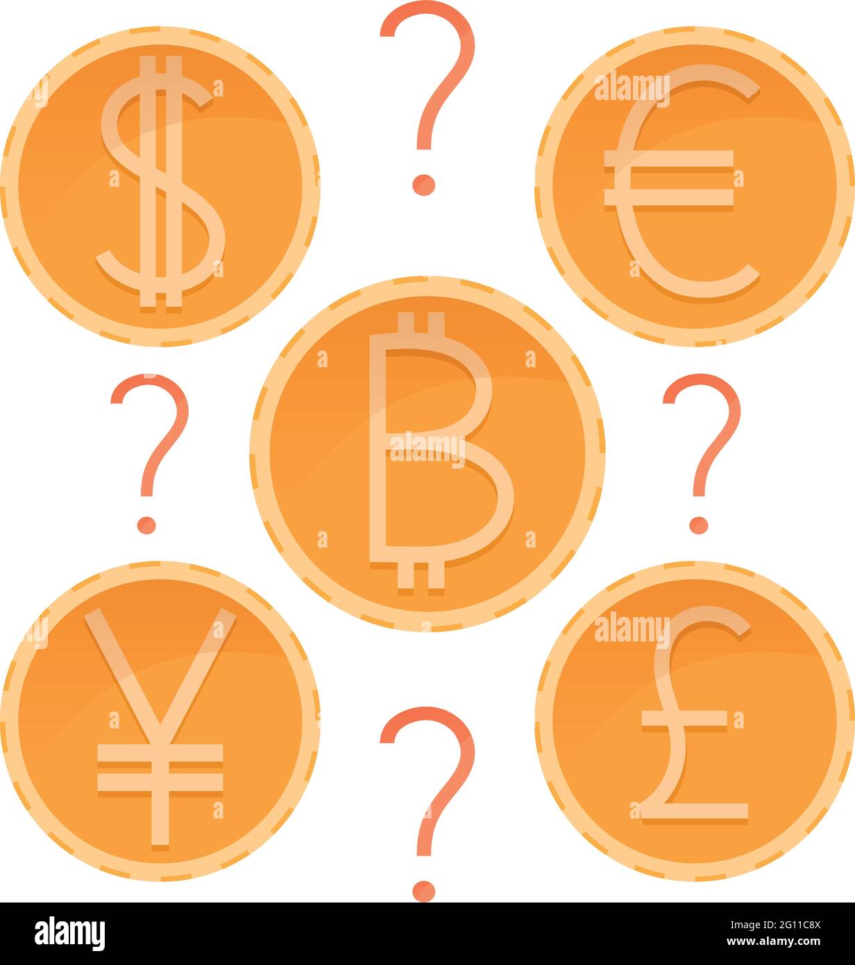 Decidere quale valuta investire risparmi, scegliendo dollaro, euro, yen, sterlina o bitcoin, monete d'oro con punto interrogativo, illustrazione del denaro vettoriale Illustrazione Vettoriale