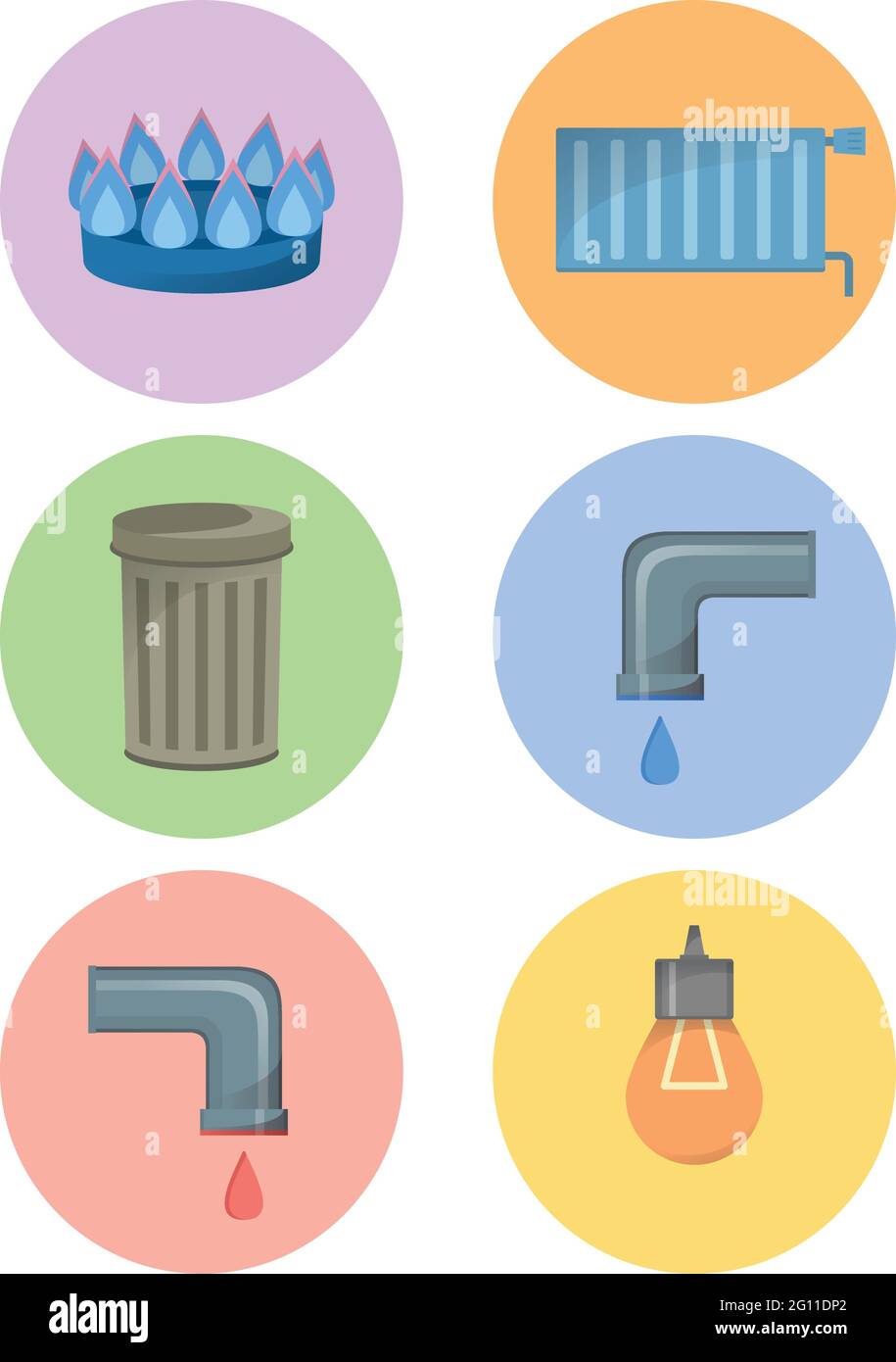Diversi tipi di utenze, set di icone delle strutture, illustrazione vettoriale dei servizi municipali, acqua fredda e calda, rifiuti, gas, elettricità, riscaldamento Illustrazione Vettoriale