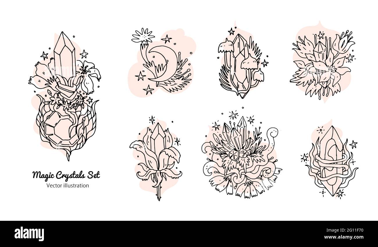 Cristalli magici con set di fiori. Linea art elementi doodle disegnati a mano con cristalli di quarzo e fiori. Eleganza e design floreale estetico icone isol Illustrazione Vettoriale