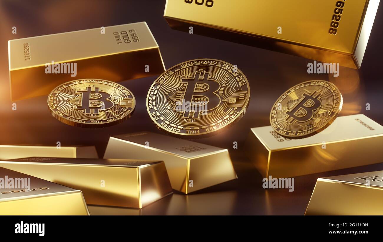 Bitcoin e lingotti d'oro in caduta, lingotti d'oro, tecnologia blockchain per criptovaluta, rendering 3d Foto Stock