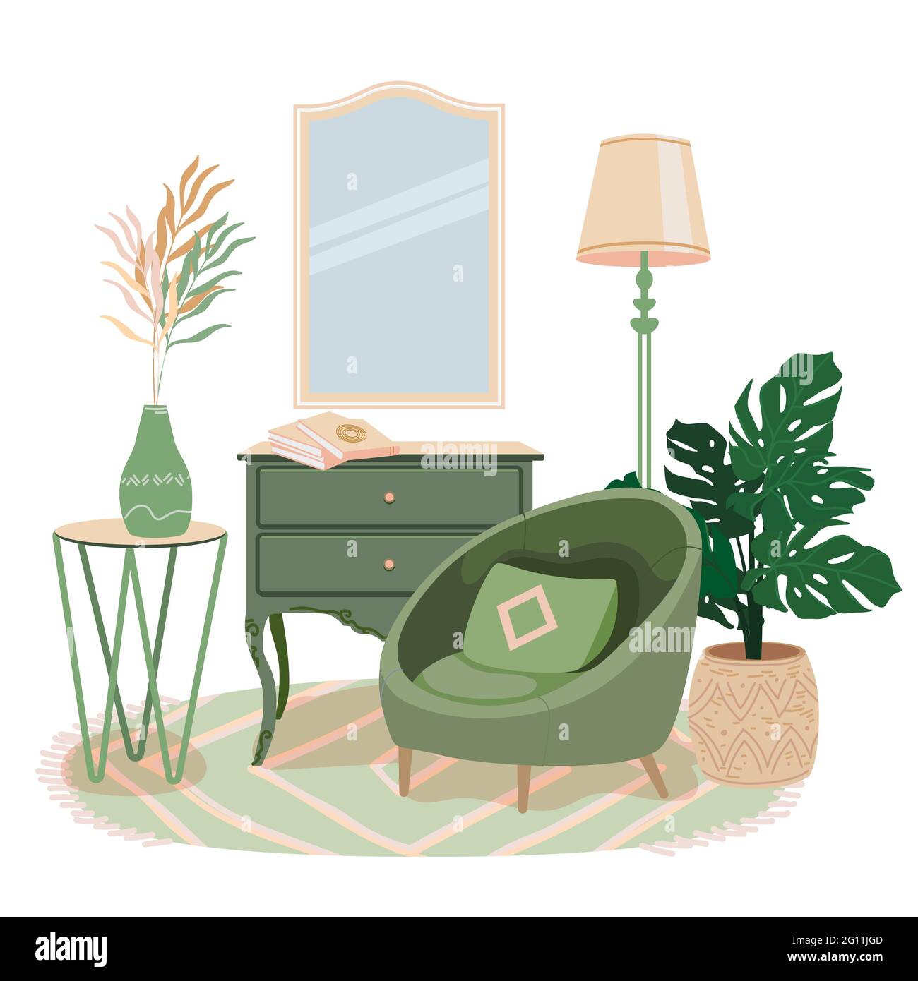 Interni accoglienti con moderna poltrona verde. Luogo di hygge per il riposo e il relax. CAIR, tavolo moderno, commode, specchio, lampada, impianto monstera in piano Illustrazione Vettoriale