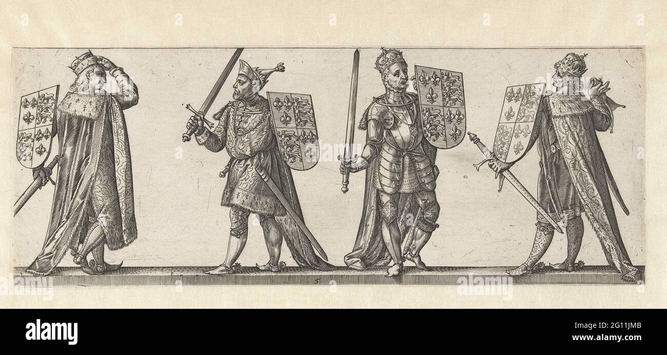 Re Riccardo II, Enrico IV, Enrico V e Enrico VI; re e regine d'Inghilterra. Quattro uomini con uno stemma e una spada. Sullo sfondo un paesaggio vagamente. Questa stampa fa parte di una serie di cornici in otto lingue di re e regine d'Inghilterra (pagina del titolo senza numero e sette stampe numerate con due o quattro cifre). Foto Stock