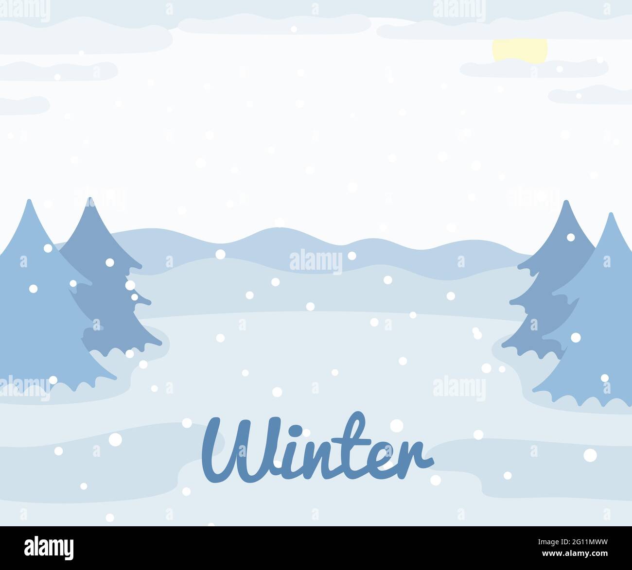 Paesaggio invernale con alberi di abete rosso e neve, vista invernale all'aperto, paesaggio pianeggiante natura illustrazione Illustrazione Vettoriale