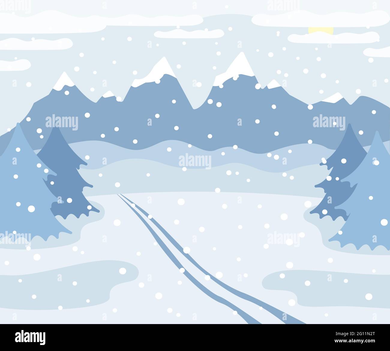 Neve inverno montagna paesaggio con pista da sci su neve, abeti, boschi e colline, inverno all'aperto vista con traccia, campagna natura illustrati Illustrazione Vettoriale